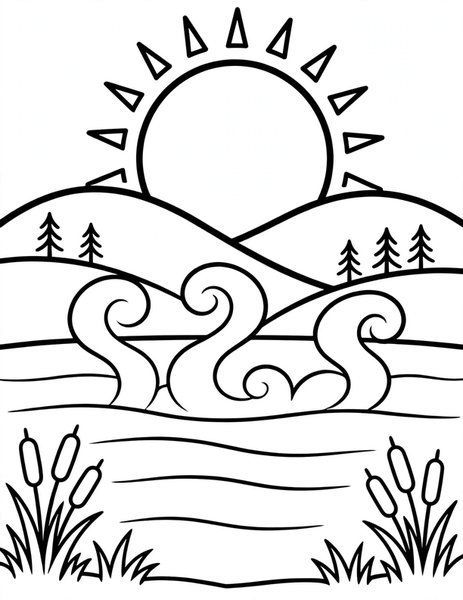 Sunrise Lake coloring page: Morning sun melts over the lake.