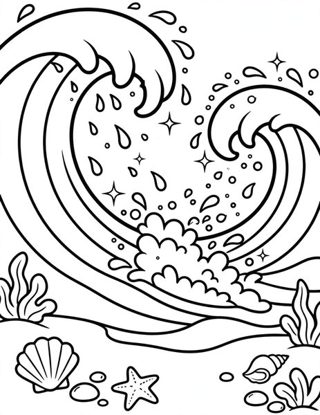 Ocean Waves coloring page: Big waves curl toward the shore.