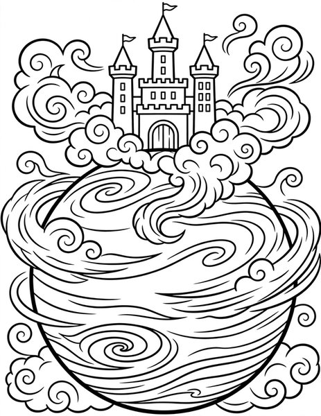 Space Castle coloring page: A floating castle drifts among giant planet clouds.