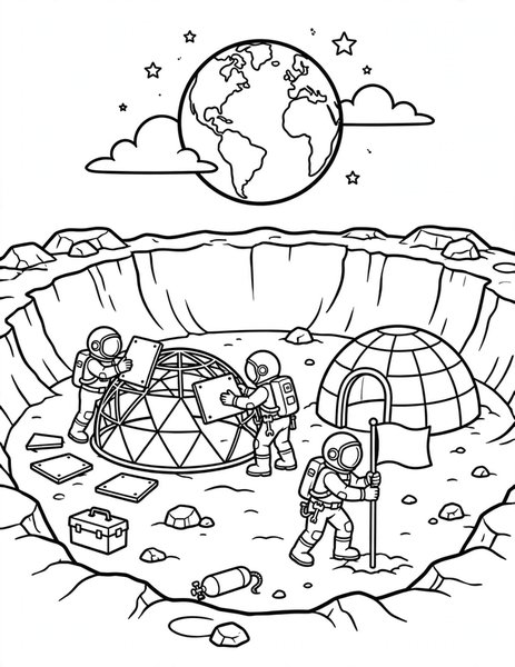 Moon Base coloring page: Astronauts build a new base inside a moon crater.