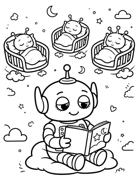 Robot Babysitter coloring page: A gentle robot reads to alien babies.