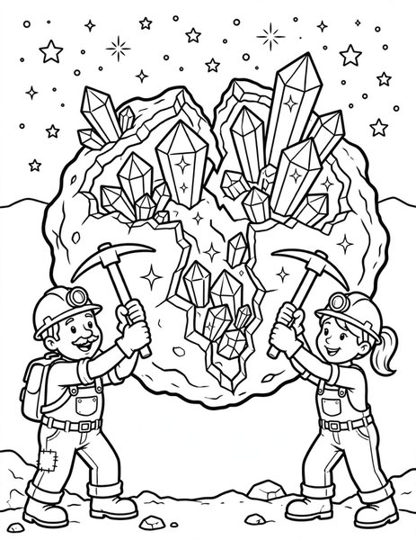 Asteroid Miners coloring page: Miners crack open an asteroid full of crystals.