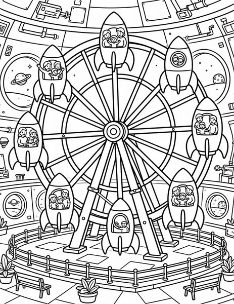 Space Carnival coloring page: A Ferris wheel spins on a space station promenade.