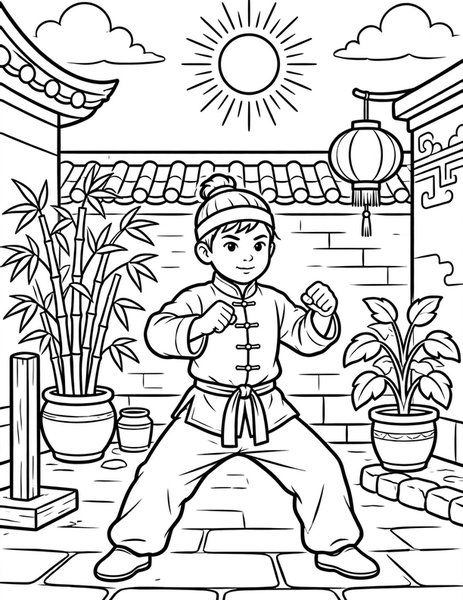 Kung Fu Stance coloring page: A kung fu student holds a strong horse stance in the courtyard.
