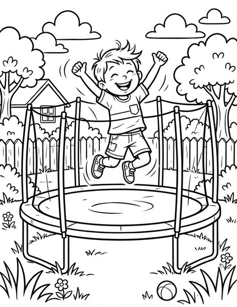 Trampoline Bounce coloring page: A kid bounces sky-high on a big backyard trampoline.