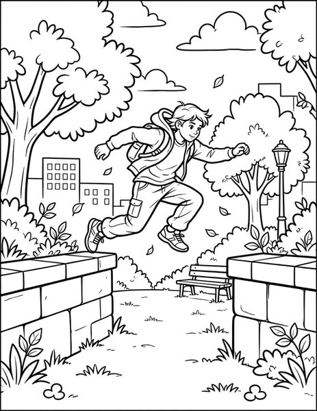 Parkour Leap coloring page: A traceur leaps between low walls in a daring parkour run.