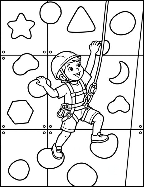 Climbing Wall coloring page: A climber reaches for the next bright hold on the wall.