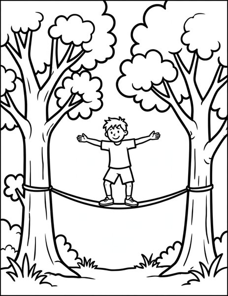 Slackline Balance coloring page: A walker balances carefully on a bouncy slackline between trees.