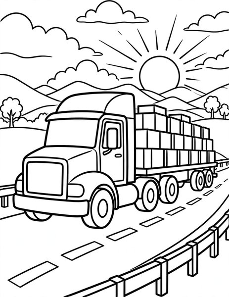 Big Rig coloring page: A big rig hauls cargo down the highway.
