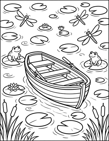 Rowboat coloring page: A rowboat drifts on a quiet pond.