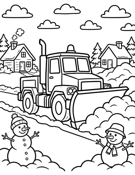 Snowplow coloring page: A snowplow clears the road after a storm.