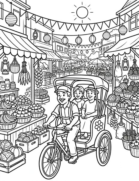 Rickshaw Ride coloring page: A rickshaw driver pedals through the market.