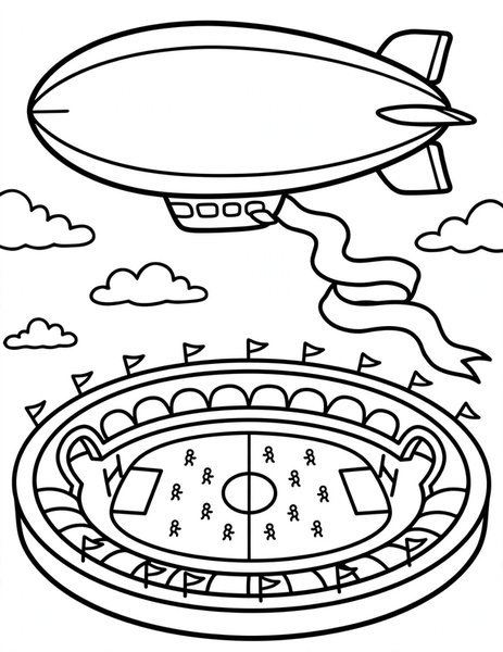 Blimp coloring page: A giant blimp drifts over the stadium.