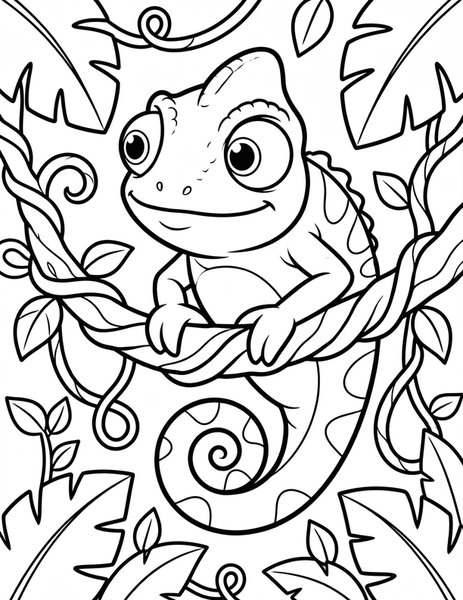 Chameleon Colors coloring page: A chameleon grips a twisty branch.