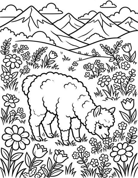 Alpaca Meadow coloring page: A fluffy alpaca grazes among wildflowers in a sunny Andean meadow.