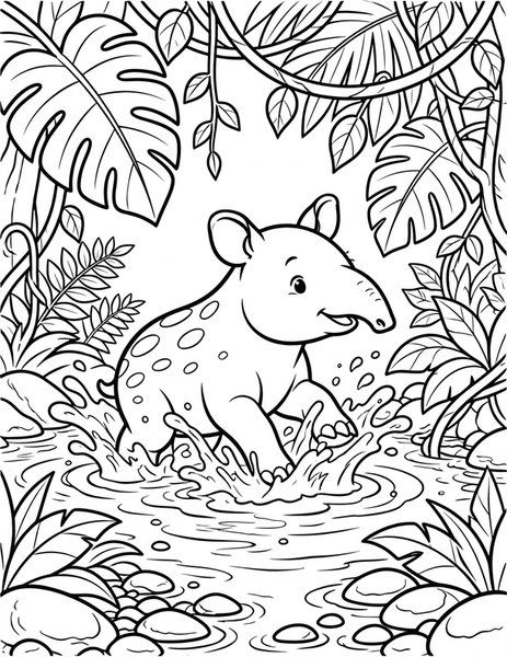 Tapir Splash coloring page: A young tapir splashes playfully in a shallow rainforest stream.