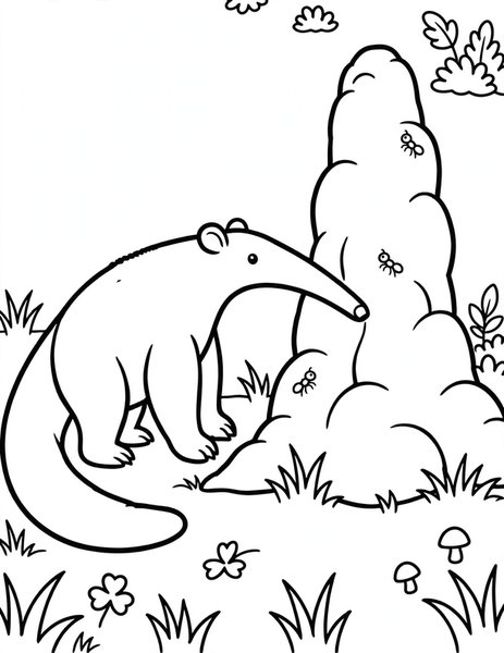 Anteater Sniff coloring page: A giant anteater sniffs around a tall anthill with its long snout.