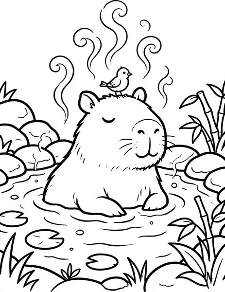 Capybara Soak coloring page: A calm capybara soaks in a warm spring while a small bird perches on its head.