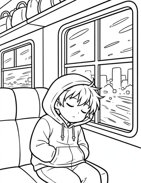 Goodnight Train Home coloring page: A sleepy kid naps on the last train.