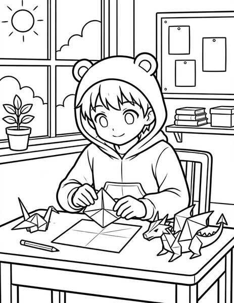 Origami Dragon Fold coloring page: An anime kid folds a paper dragon.