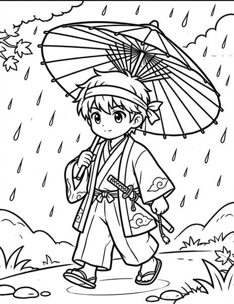 Paper Umbrella Walk coloring page: A young samurai walks with a red paper umbrella.