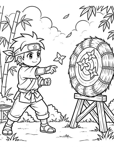 Shuriken Practice coloring page: A ninja kid aims at a straw target.