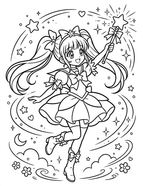 Star Wand Twirl coloring page: A magical girl twirls a sparkling star wand.