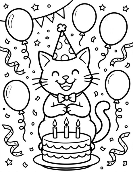 Birthday Cat coloring page: A cat celebrates with cake.