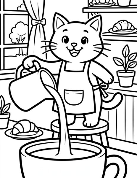 Cat Barista coloring page: A cat barista steams milk and pours a foamy latte in a cozy cafe.