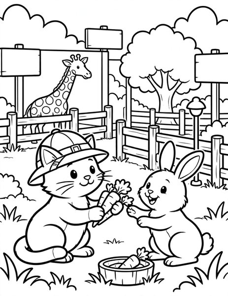 Cat Zookeeper coloring page: A cat zookeeper feeds carrots to a happy rabbit at the zoo.
