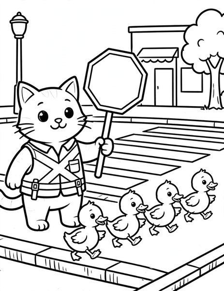 Cat Crossing Guard coloring page: A cat crossing guard holds up a stop sign to help ducklings cross.
