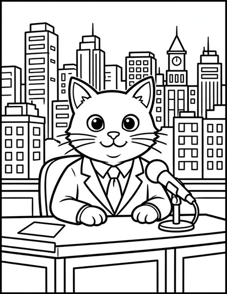 Cat News Anchor coloring page: A cat news anchor reads the news from behind a big desk.
