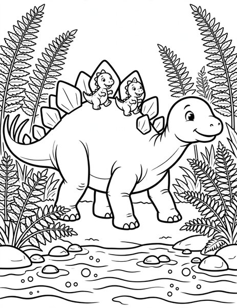 Spiky Backpack coloring page: A stegosaurus carries friends on its spiky back.