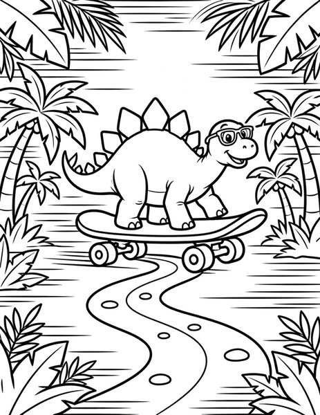 Stego Skateboard coloring page: A stegosaurus shreds on a giant skateboard.