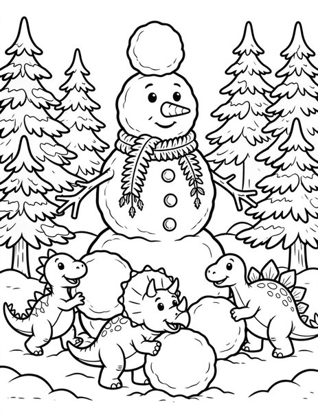 Dino Snowman coloring page: Dinosaurs build a giant snowman together.