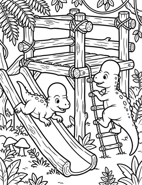 Pachy Playground coloring page: Pachycephalosaurus friends play on jungle gyms.