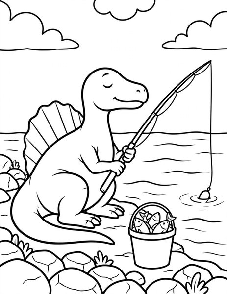 Dino Fishing coloring page: A patient spinosaurus fishes from a rocky shore.