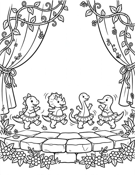 Baby Dino Ballet coloring page: Tiny dinosaurs twirl in a ballet recital.