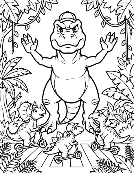 T-Rex Traffic Cop coloring page: A t-rex directs dino traffic at a busy crossing.