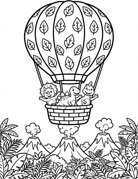 Dino Hot Air Balloon coloring page: Dinosaurs soar in a giant leaf-patterned balloon.