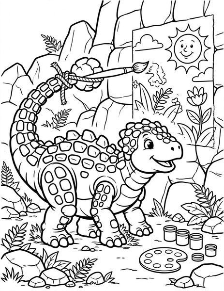 Ankylosaurus Artist coloring page: An ankylosaurus paints a mural with its tail.