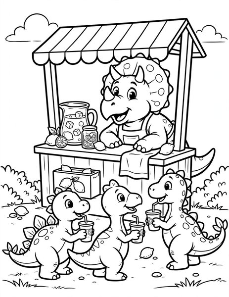 Dino Lemonade Stand coloring page: Thirsty dinos line up at a lemonade stand.