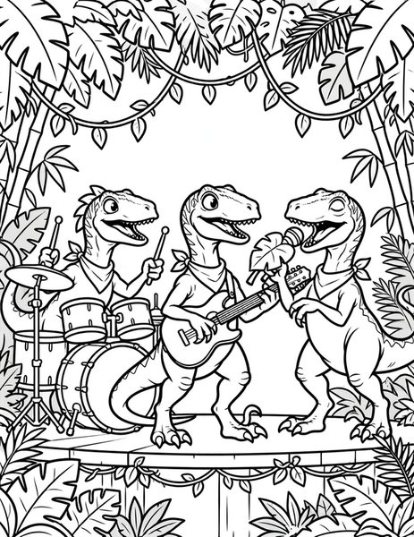 Raptor Rock Band coloring page: Raptors rock out on a jungle stage.
