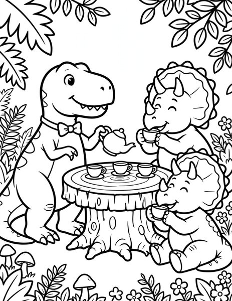 T-Rex Tea Time coloring page: A tiny-armed t-rex hosts a fancy tea party.