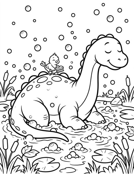 Bronto Bubble Bath coloring page: A brontosaurus relaxes in a bubbly mud bath.