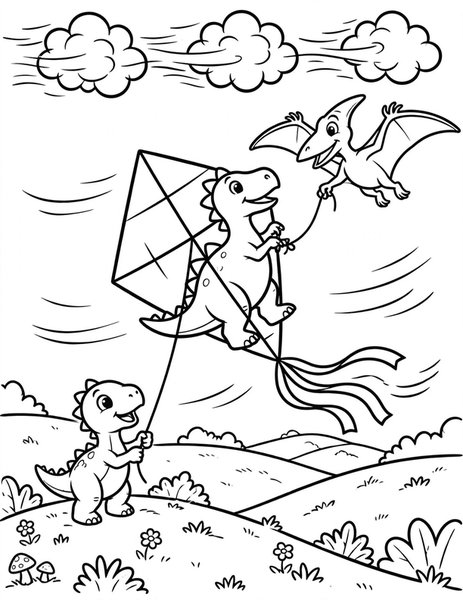 Dino Kite Day coloring page: A pterodactyl helps fly a giant dinosaur kite.