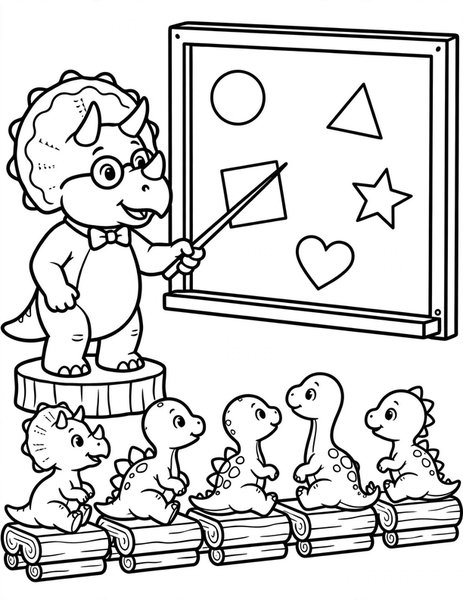 Triceratops Teacher coloring page: A triceratops teaches baby dinos about shapes.