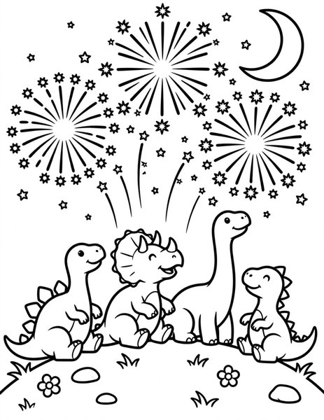 Dino Fireworks coloring page: Dinosaurs watch fireworks light up the night sky.