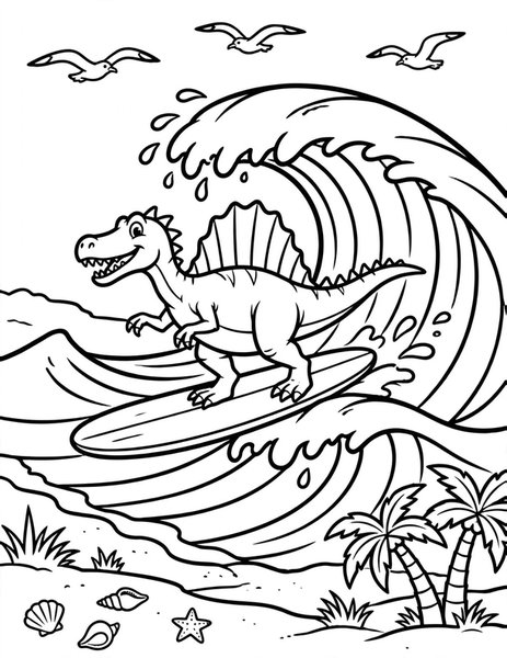 Spinosaurus Surfer coloring page: A spinosaurus rides a giant wave on a surfboard.