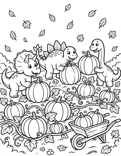 Dino Pumpkin Patch coloring page: Dinosaurs pick giant pumpkins in autumn.